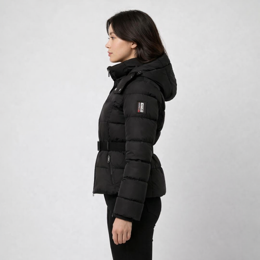 Women’s Belted Structured Puffer Jacket – Sleek Mid-Season Outerwear