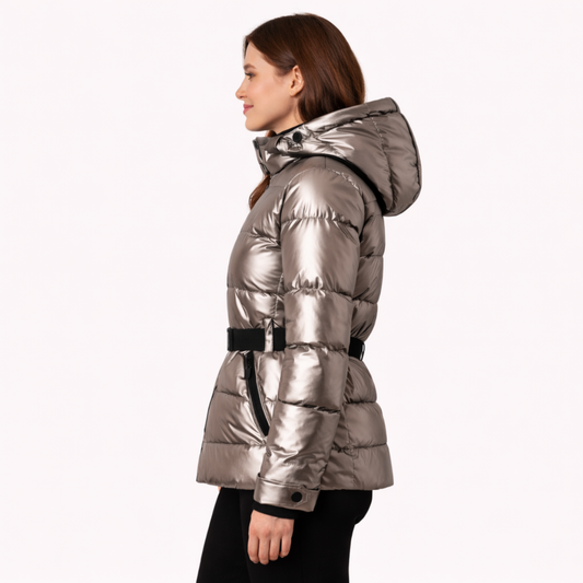 Women’s Belted Hooded Quilted Puffer Jacket – Contemporary Mid-Season Outerwear