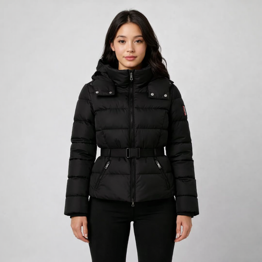 Women’s Belted Structured Puffer Jacket – Sleek Mid-Season Outerwear