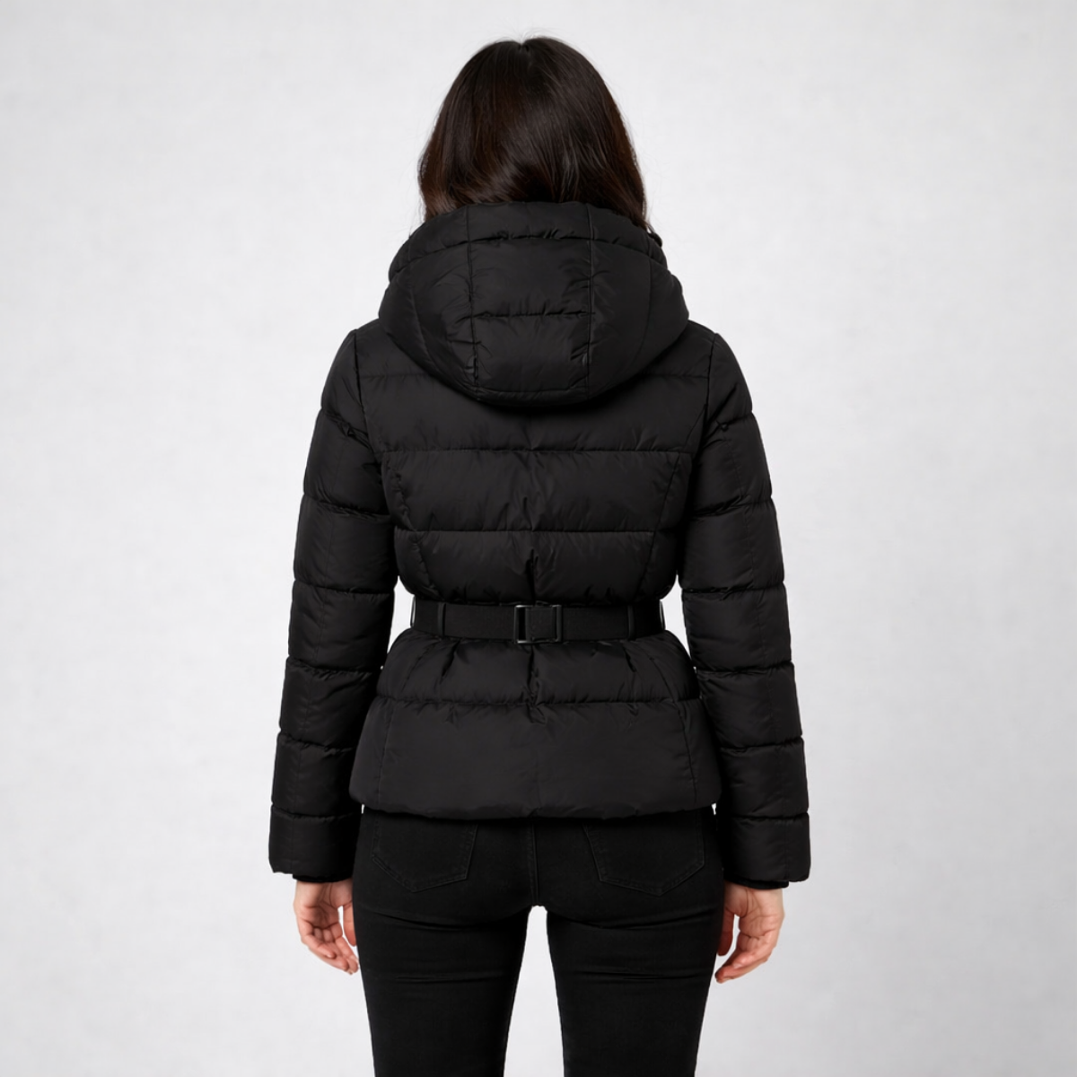 Women’s Belted Structured Puffer Jacket – Sleek Mid-Season Outerwear