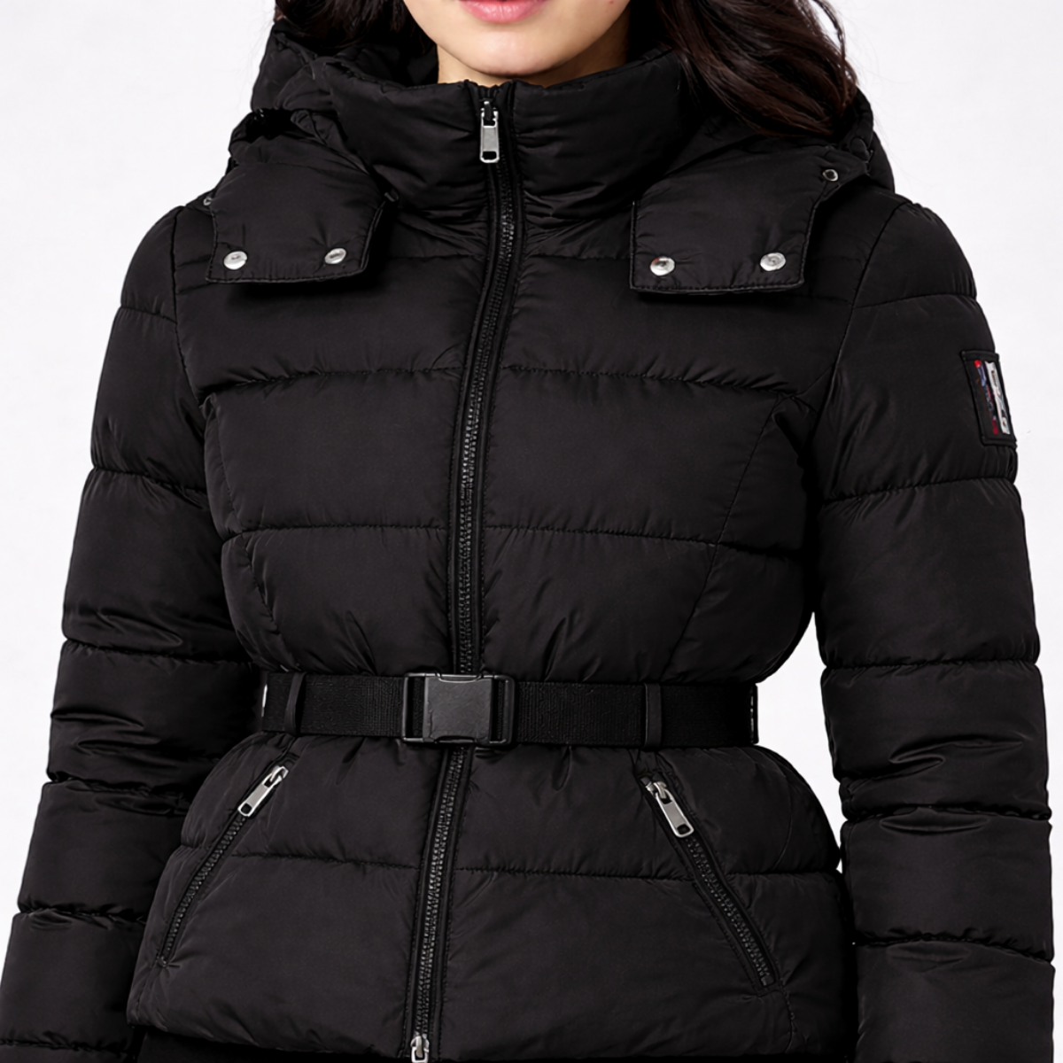 Women’s Belted Structured Puffer Jacket – Sleek Mid-Season Outerwear
